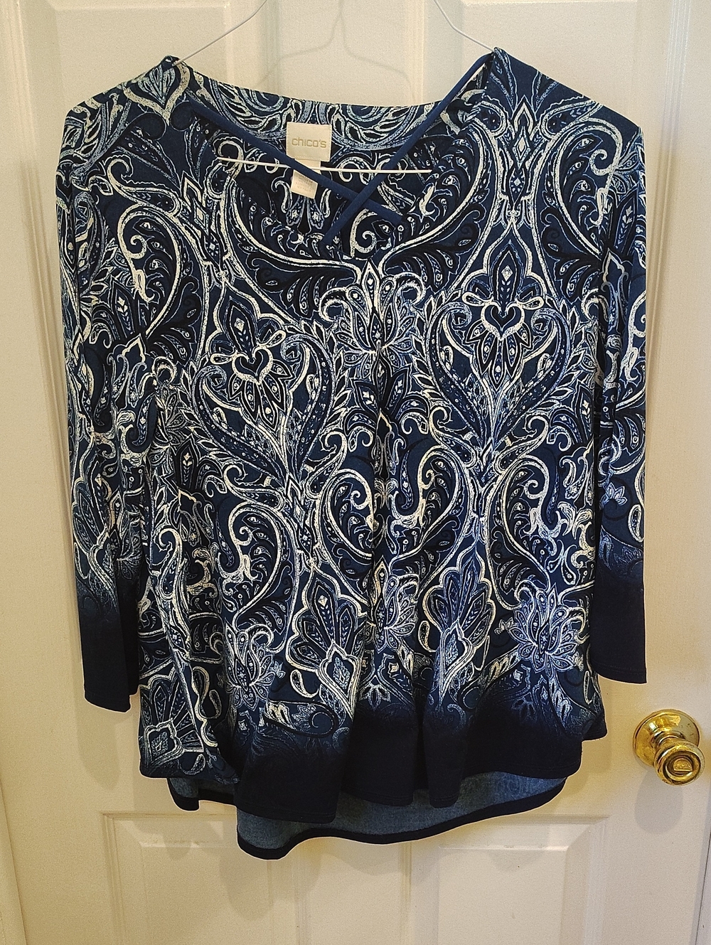 Chico's Navy And White Paisley 3/4 Sleeve Tunic Medium